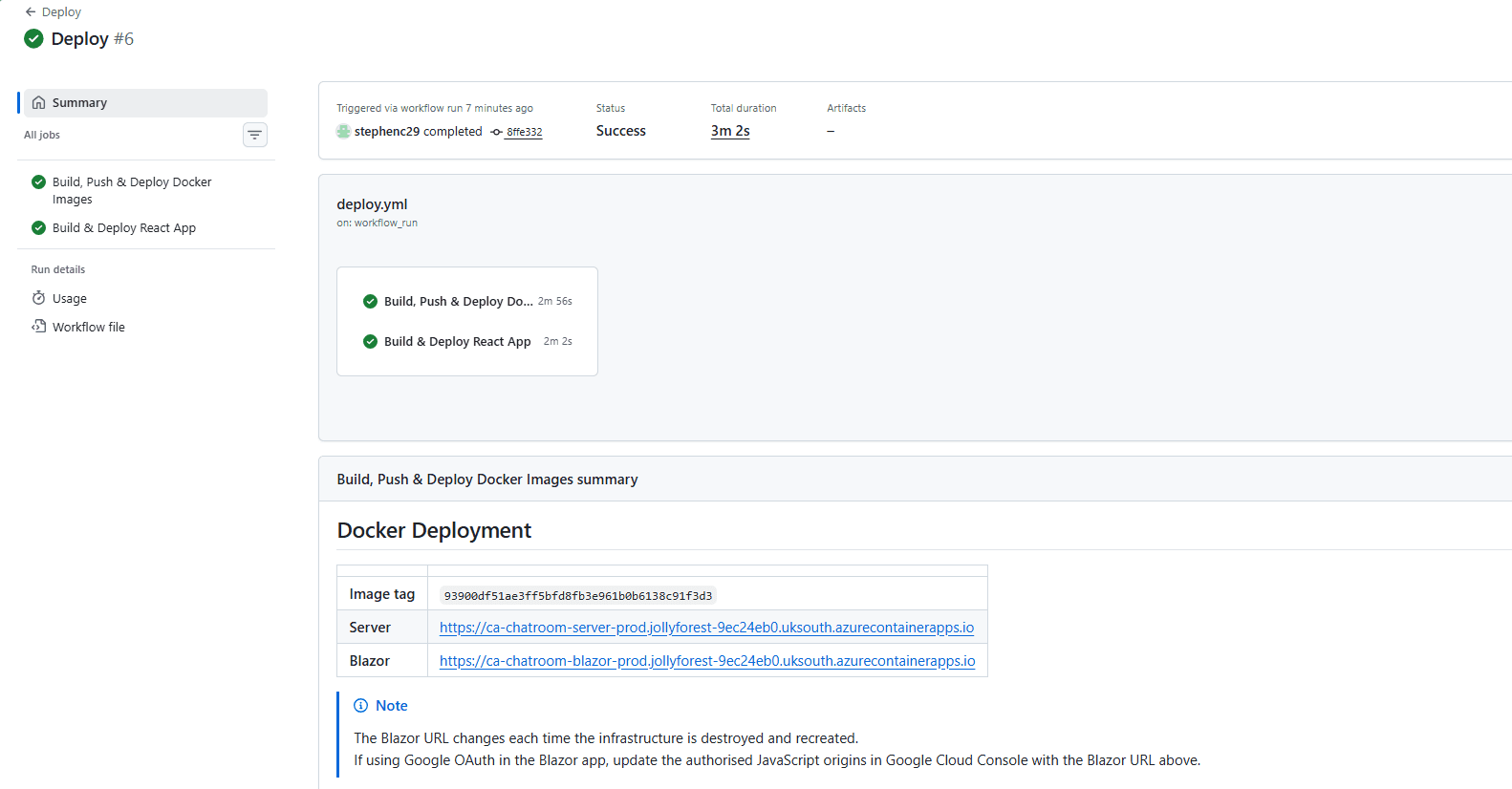 GitHub Actions deploy pipeline with summary