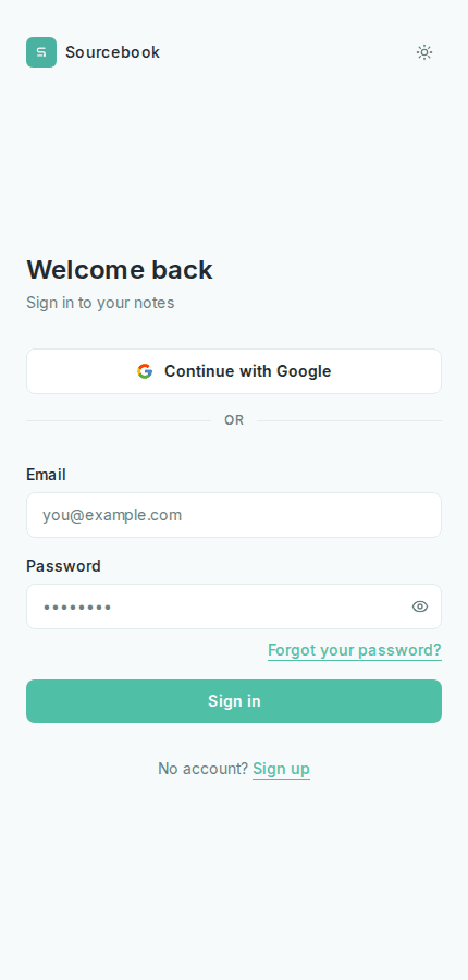 Sourcebook sign in page with Google OAuth and email/password options