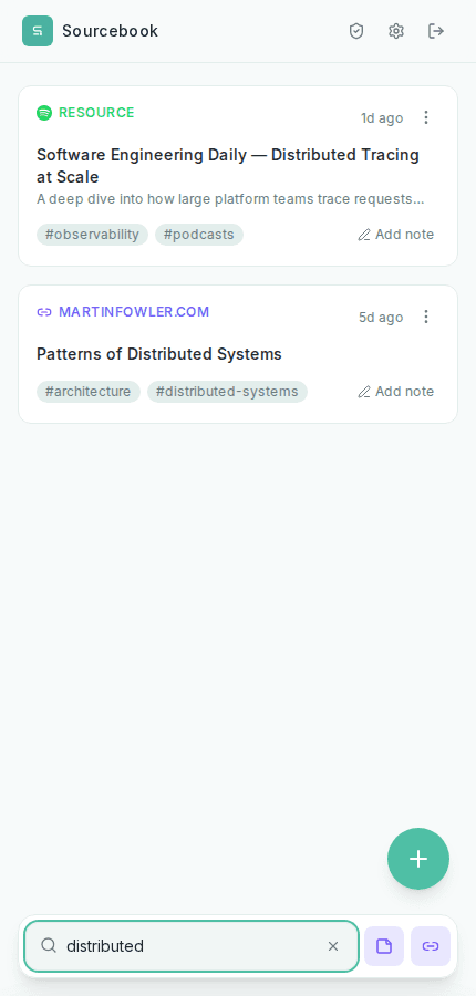 Search results filtered by a text query across notes and resources