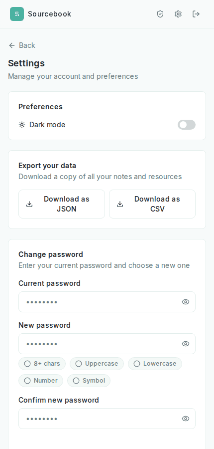 Settings page with dark mode toggle, data export, and change password