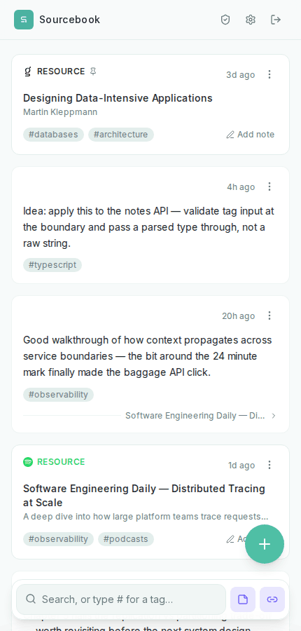 Unified feed showing notes and resources for books, podcasts, and articles
