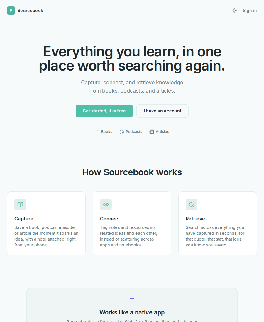 Sourcebook marketing landing page explaining capture, connect, retrieve